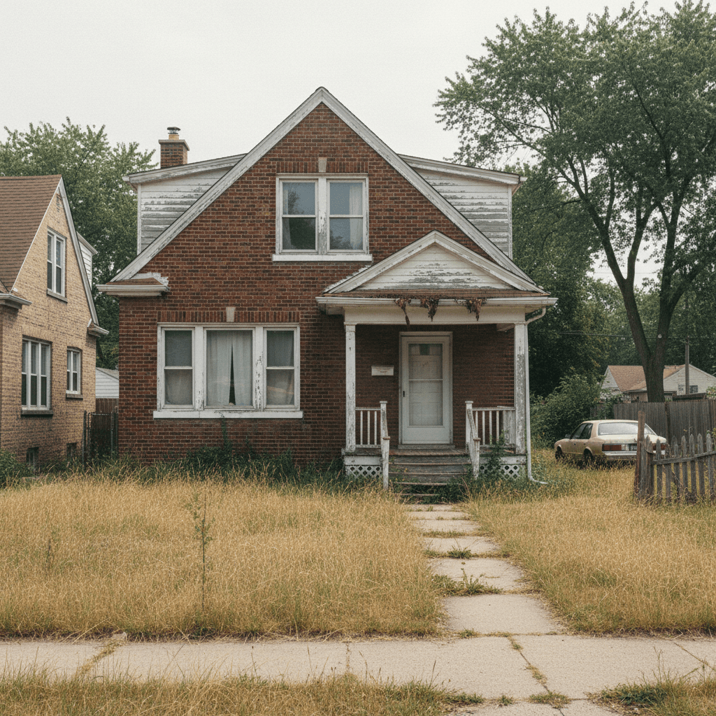 A vacant Chicago-area house with an overgrown lawn and peeling paint, shown as-is