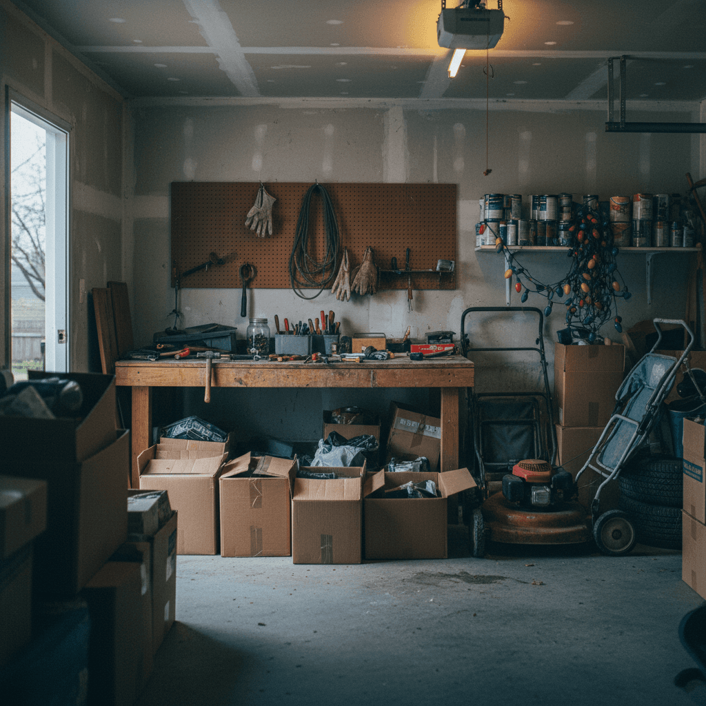A residential garage filled with tools, boxes, and belongings