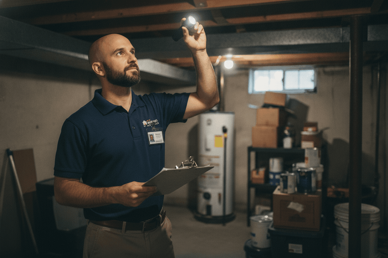 Illustrated scene of Todd from As-Is House Buyers in an unfinished basement