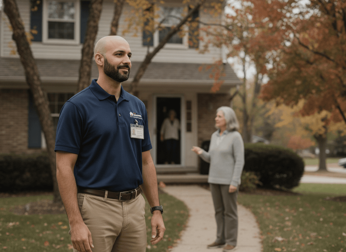 Illustrated scene of Todd from As-Is House Buyers at a front door