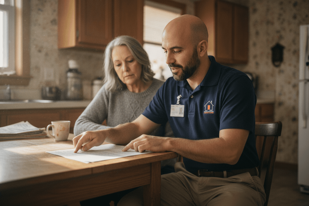 Illustrated scene of Todd from As-Is House Buyers at a kitchen table